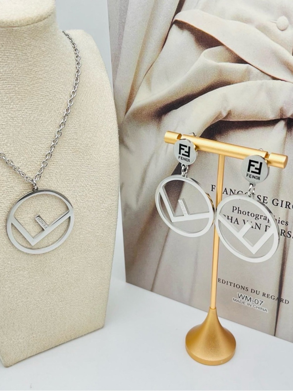 Stainless steel Silver-Tone Circular Logo Necklace and Drop Earrings Set